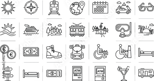 Travel and tourism line icons vector set with transportation accommodation finance navigation and vacation service symbols isolated on white background
