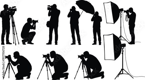 Silhouette photographer vector collection featuring diverse shooting poses, tripod setups, studio lighting equipment, outdoor scenes, professional camera actions, creative photography concepts, black