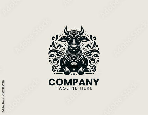 Sacred cow sitting calmly with decorative necklace and bell is presented as bold monochrome vector logo on clean white background