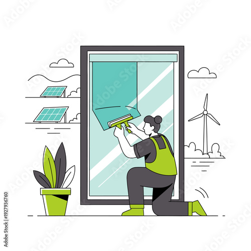 Person cleaning window with eco friendly surroundings and renewable energy.