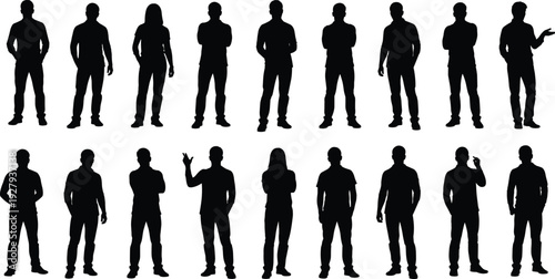 Collection of black silhouettes featuring men and women standing in various casual poses including arms crossed gesturing and confident postures isolated on a white background