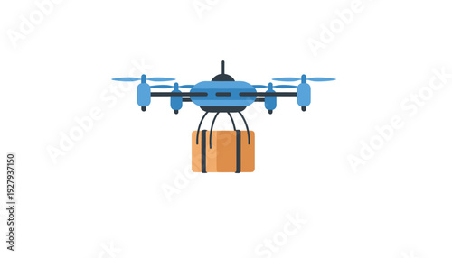 Drone delivering package with blue propellers and brown cargo