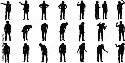 Collection of black silhouettes featuring men and women standing in various poses including pointing bowing gesturing and leaning forward isolated on a white background