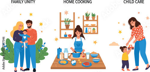 Family lifestyle vector illustration set with family unity, home cooking scene and mother caring for child