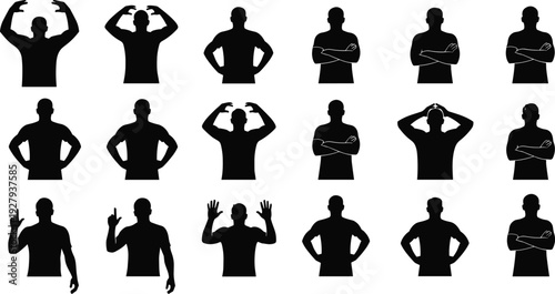 Collection of black silhouettes featuring men from waist up in various hand gestures and body language poses isolated on white background for graphic design