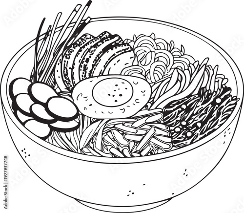 Bibimbap Hand-drawn Sketch Drawing Vector Illustration, Line Linear Symbol Black and White Engraving, Isolated