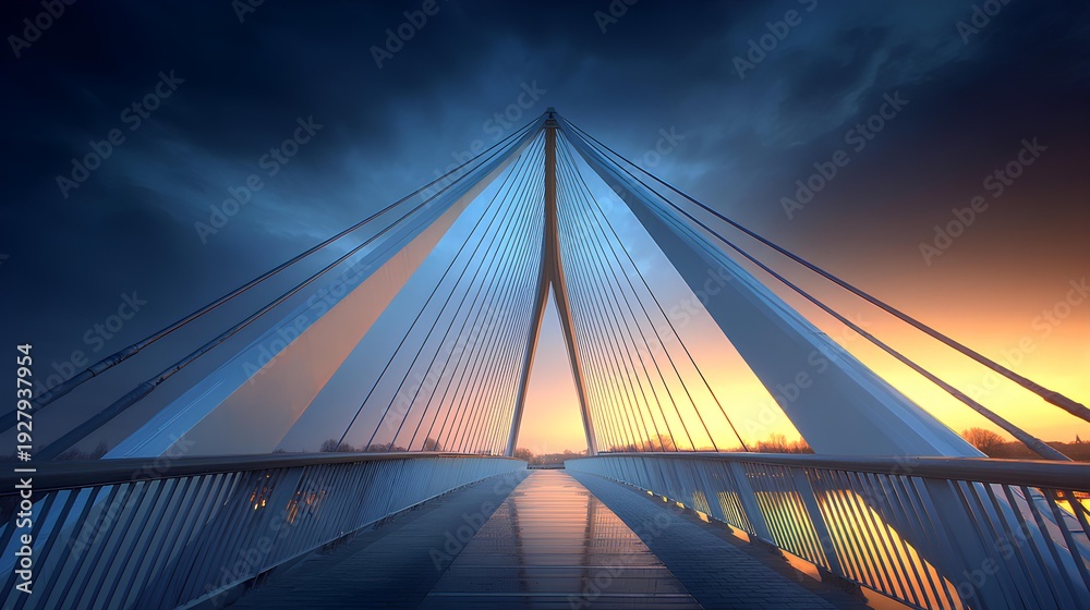 Obraz premium Modern Bridge Amidst Dawn's Embrace: An architectural marvel, this sleek, modern bridge gracefully spans waters, silhouetted against a breathtaking backdrop of the dawn's radiant hues.