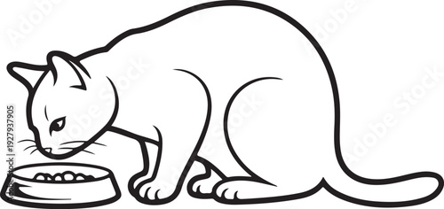 Cat Eating Food from Bowl Hand-drawn Sketch Drawing Vector Illustration, Line Linear Symbol Black and White Engraving, Isolated