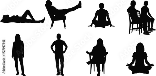 Collection of black silhouettes featuring people in various relaxing poses including meditating in lotus position lying down and sitting isolated on a white background