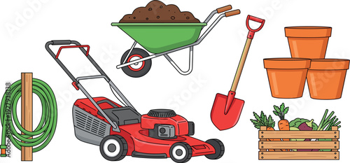 Gardening equipment vector set with lawn mower, wheelbarrow, spade, plant pots, hose and vegetable crate