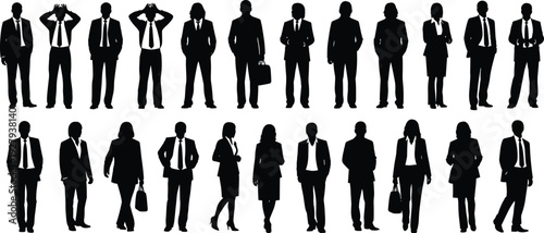 Collection of black silhouettes featuring professional businessmen and businesswomen in formal suits standing in various confident office poses isolated on a white background for design