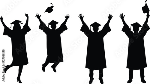 Silhouette of Happy Graduates Celebrating Convocation Ceremony Jumping and Throwing Caps in Air for Education Achievement Success and University Graduation Concept Isolated on White