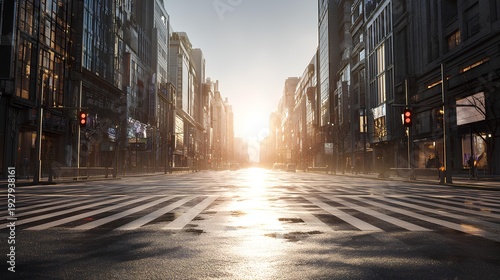 Urban Sunrise: An early morning in a city, with streets gleaming under the warm light of sunrise. Capturing the sense of urban renewal and the dawn of a new day.