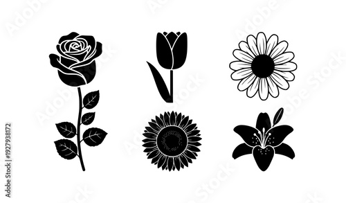 Simple Black and White Flower Icons Set – Minimal Floral Vector Collection