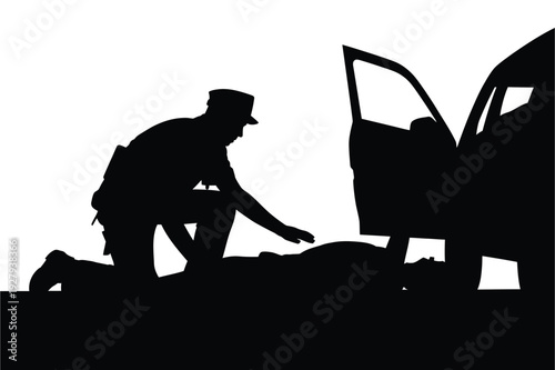 Silhouette of police officer investigating a car with an open door