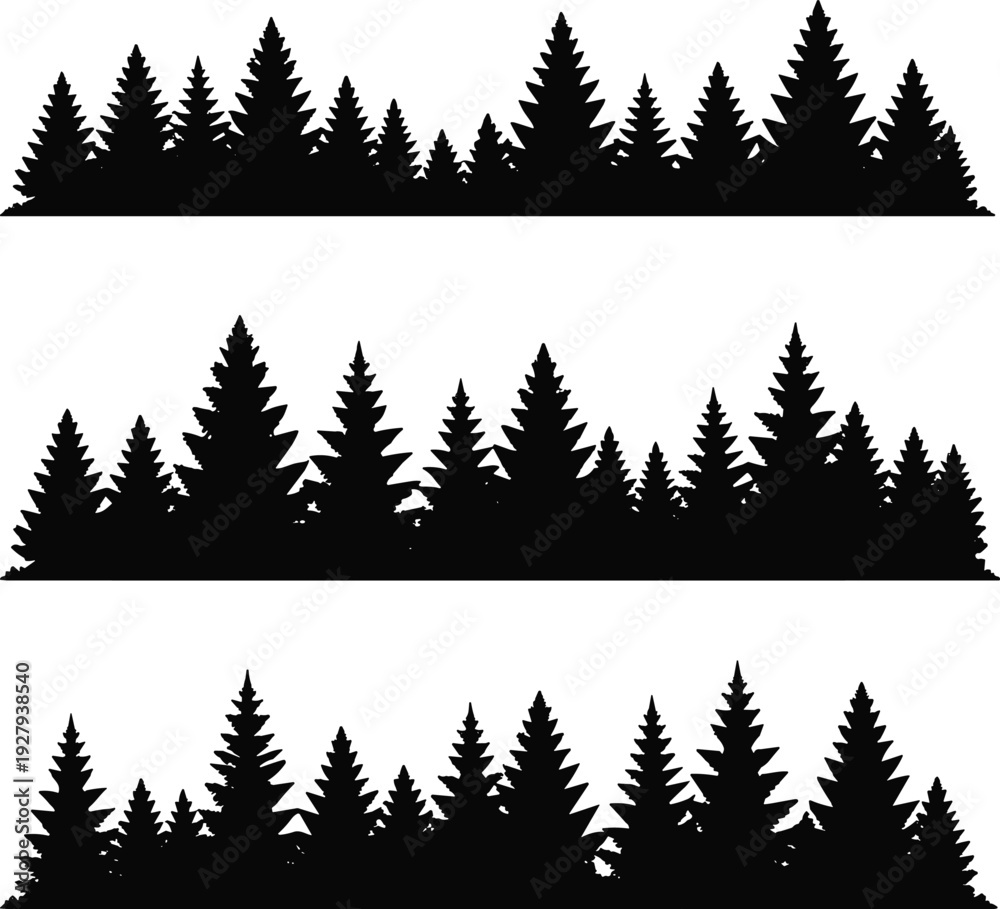 Obraz premium Pine Forest Silhouette Borders Set Evergreen Tree Landscape Vector Illustration Isolated on White Background for Design