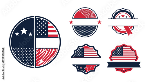 Set of circular and shield shaped American flag badges and emblems in red white and blue for patriotic holidays and national identity.