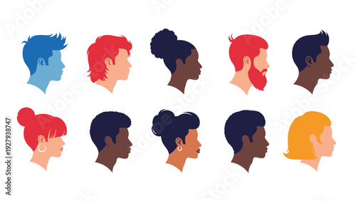 Collection of diverse human profile silhouettes with hairstyles and skin tones representing multiculturalism and community inclusivity.
