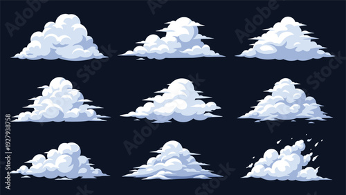 Set of white pixel art clouds in different shapes and sizes against a dark blue background for retro video game sky environments.