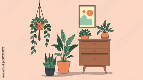 Cozy interior scene featuring various potted indoor plants on a wooden dresser with a hanging planter and framed wall art.