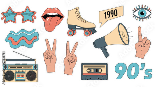 Collection of 90s retro style stickers including roller skates boombox cassette tape and peace signs in a nostalgic colorful palette.