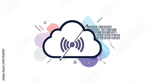 Abstract digital networking concept showing a cloud icon with wifi signal and binary code for data storage and connectivity themes.