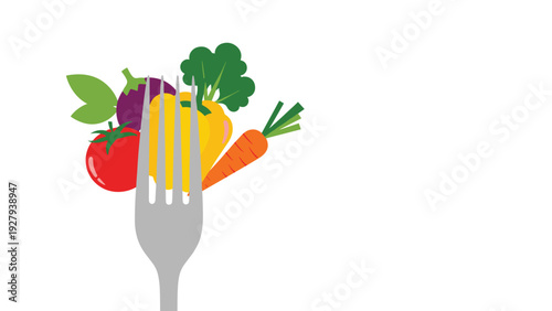 Healthy eating concept showing a silver fork lifting a bunch of fresh vegetables including tomato peppers and carrots on white background.