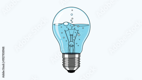 Conceptual illustration of a light bulb filled with water and bubbles representing sustainable energy green ideas and eco innovation.