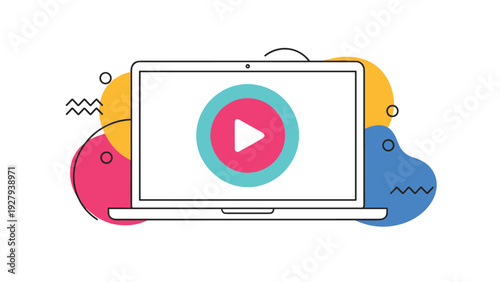 Modern laptop illustration with a play button on the screen and abstract colorful shapes for digital media and streaming concepts.
