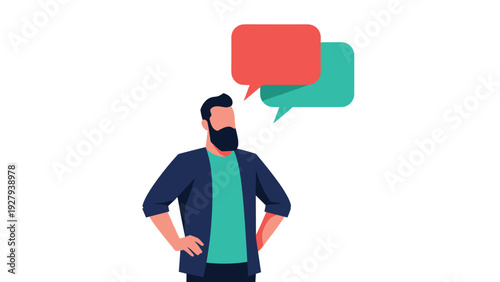Man with a beard standing in a thoughtful pose with red and green speech bubbles representing communication opinion or feedback.