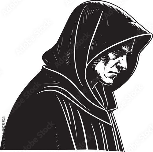 Dark Hooded Person in Hood in Profile Hand-drawn Sketch Drawing Vector Illustration, Line Linear Symbol Black and White Engraving, Isolated