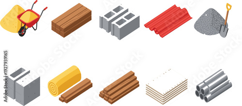 Isometric building materials collection with sand, timber, concrete blocks, metal sheets and pipes