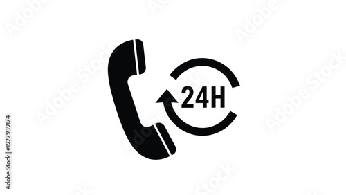Telephone handset icon with a circular arrow and twenty four hour text indicating round the clock customer service and support.
