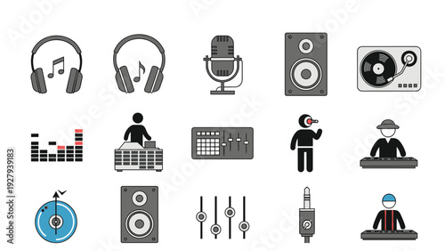 Set of music and DJ equipment icons including headphones, microphones, speakers, turntables, and sound mixers on a white background.