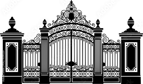 Ornate Ornamental Iron Gate Silhouette - Symmetric Metalwork Entrance and Estate Fence Vector