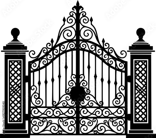 Ornate Ornamental Iron Gate Silhouette - Symmetric Metalwork Entrance and Estate Fence Vector