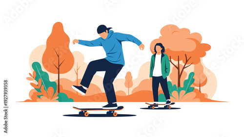 Two young men riding skateboards in an autumn park with orange trees and green plants for active lifestyle and hobby themes.