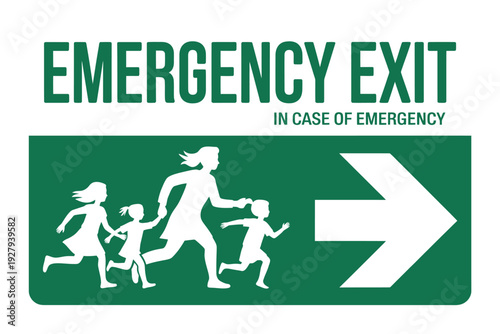 Green emergency exit sign depicting a family rushing towards safety