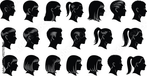 Large collection of diverse human head profile silhouettes showing various male and female hairstyles representing identity personality individuality barber shop salon and social community concept