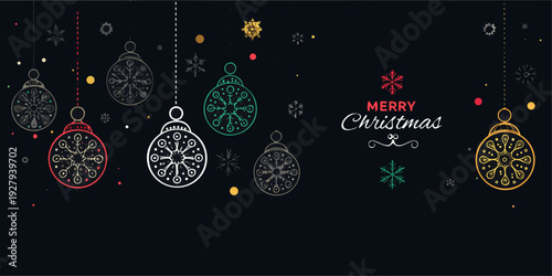 Festive christmas ornaments and a merry christmas message on black