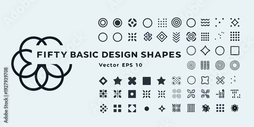 Fifty basic design shapes arranged in rows displayed as vector elements