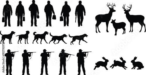 Large collection of silhouetted hunters with rifles hunting dogs deer and rabbits representing outdoor sport forest wildlife hunting season and nature adventure concept