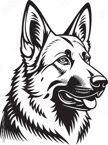 German Shepherd Dog Head Portrait with Tongue Out Hand-drawn Sketch Drawing Vector Illustration, Line Linear Symbol Black and White Engraving, Isolated