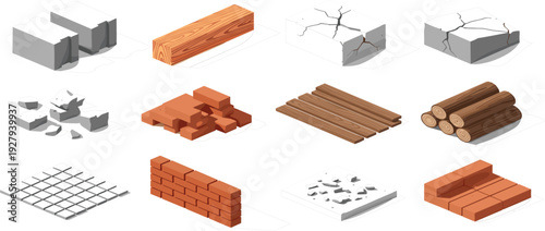 Isometric construction materials collection with concrete blocks, wooden beams, bricks, logs and rubble