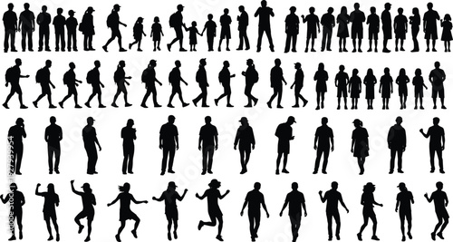 Large Diverse People Silhouette Collection Vector Illustration Set Isolated on White Background Walking Standing and Dancing Human Figures