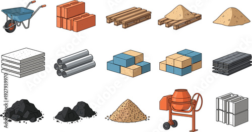 Isometric construction materials vector set with bricks, pallets, sand, gravel, steel pipes and cement mixer