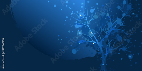Abstract blue background featuring a stylized tree and scattered light