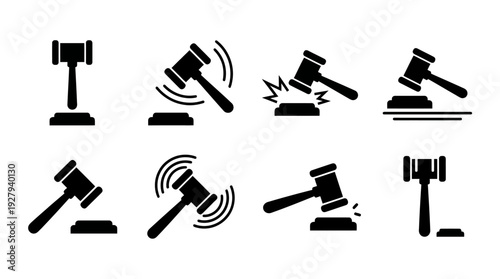 Gavel Icon Vector Set – Legal Symbols Depicting Courtroom Action, Justice, and Verdicts for Law Firm Graphics, Judicial Posters, and Legal Design Projects