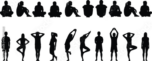 Large set of black silhouettes featuring people in various sitting poses, meditation positions, yoga stretches, and standing exercises isolated on a clean white background.