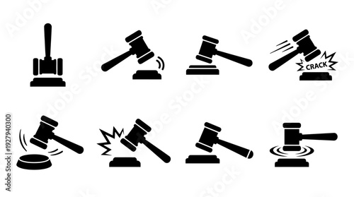 Gavel Icon Vector Set – Legal Symbols Depicting Courtroom Action, Justice, and Verdicts for Law Firm Graphics, Judicial Posters, and Legal Design Projects